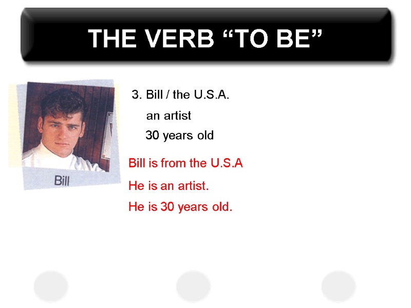 THE VERB “TO BE” 3. Bill / the U.S.A.  an artist  30